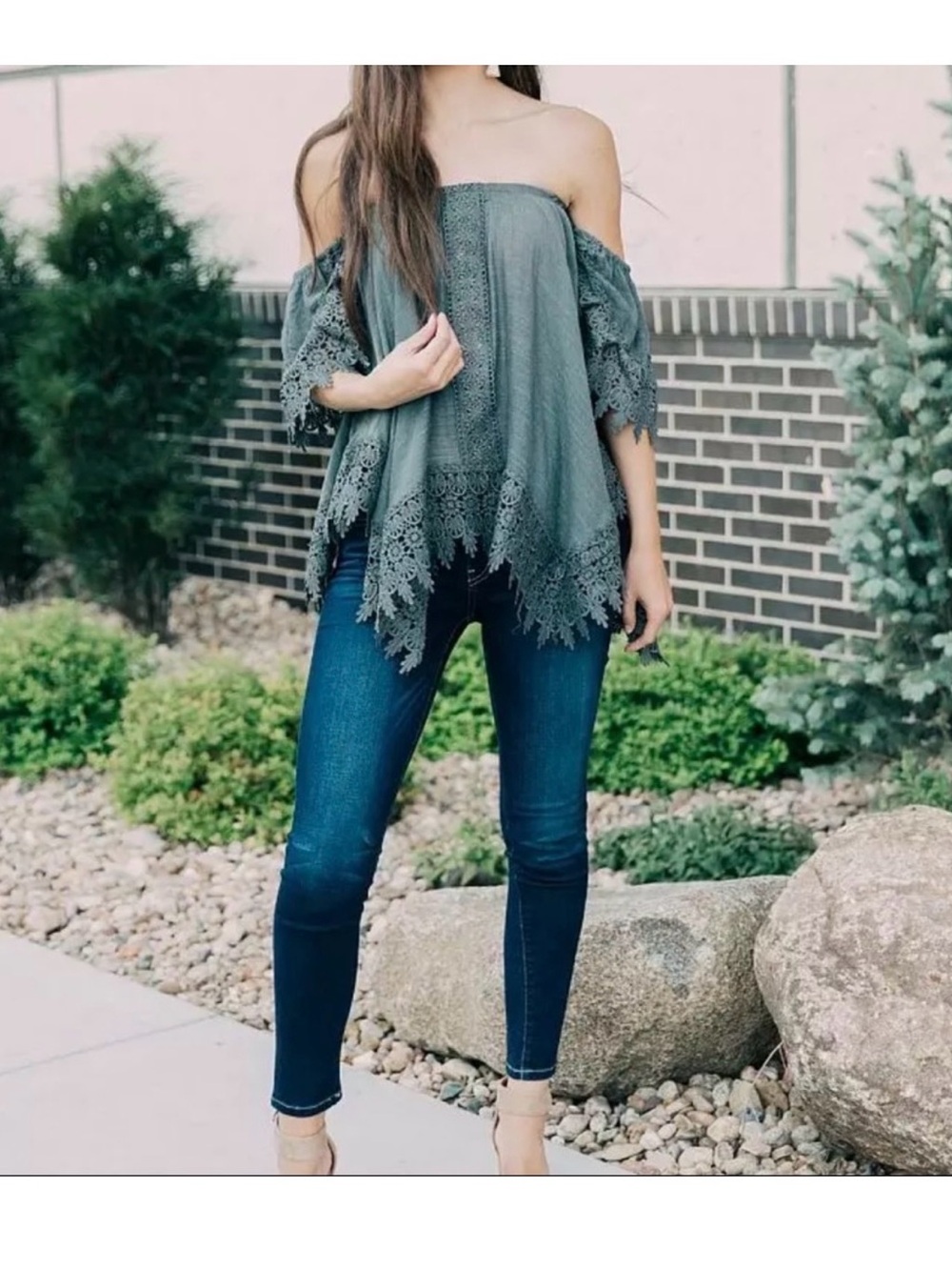 Buckle Off-Shoulder Lace Trim Top
